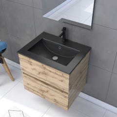Meuble salle de bain 60x54 - Finition chene naturel + vasque noire + miroir Led - TIMBER 60 - Pack29 1