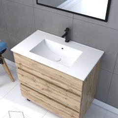 Meuble salle de bain 80x60 - Finition chene naturel + vasque blanche + miroir - TIMBER 80 - Pack 45 1