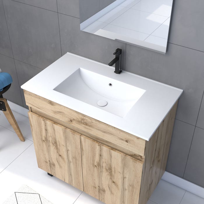 Meuble salle de bain 80x80 -Finition chene naturel + vasque blanche + miroir Led- TIMBER 80 - Pack27 1