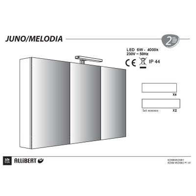 Armoire de toilette 120 cm avec éclairage LED et prise JUNO 3 portes miroir triptyque blanc brillant