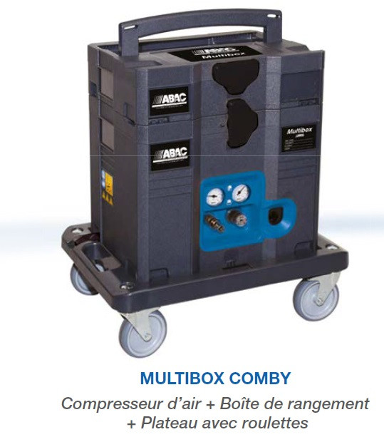 Compresseur sans huile sur plateau déplaçable MULTIFONCTION en Box 6l 160L/min 9.6m3/h 8 bar MULTIBOX Compy ABAC