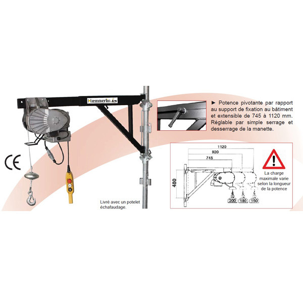 Treuil à potence extensible 750W Ch: 200Kg télécommande détachable H200/25 CDE 24V 319220101 Haemmerlin
