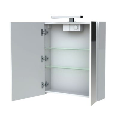 Armoire de salle de bain 60 cm avec éclairage LED et bloc prise JUNO 2 portes miroir blanc brillant 4
