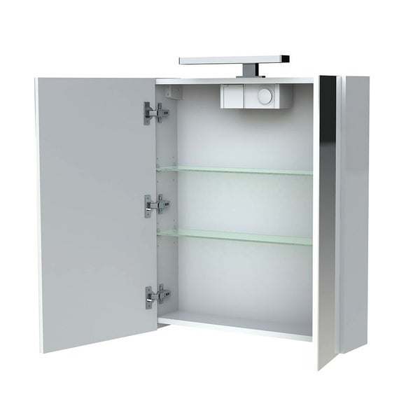 Armoire de salle de bain 60 cm avec éclairage LED et bloc prise JUNO 2 portes miroir blanc brillant 1