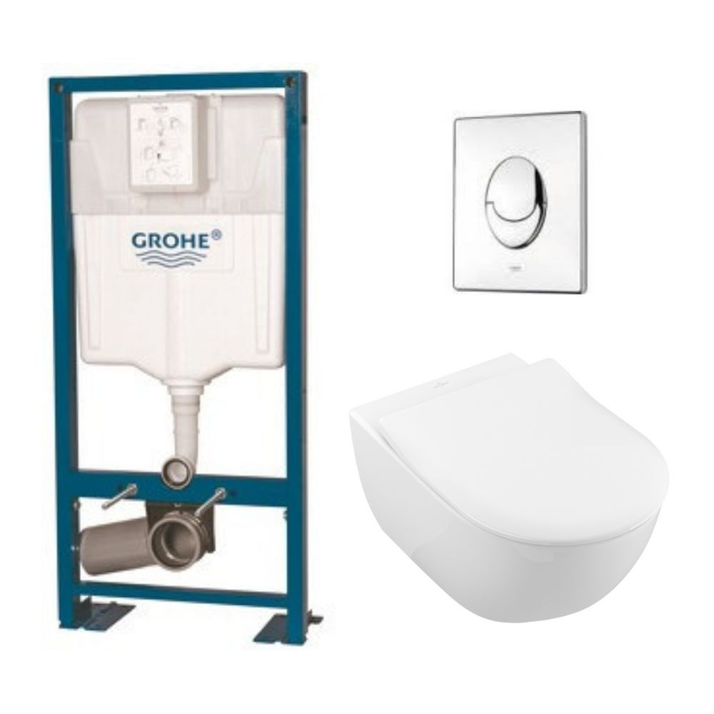 Pack WC suspendu sans bride Villeroy & Boch Subway 2.0 + abattant + plaque chromée + b ti Grohe