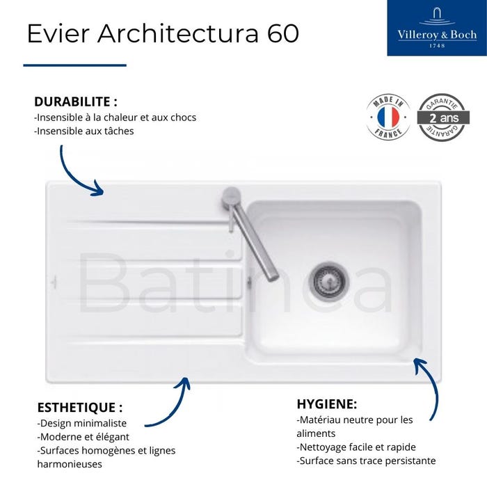Evier 100 x 51 cm VILLEROY ET BOCH Architectura 60 Blanc + Robinet cuisine GROHE Bauloop 2