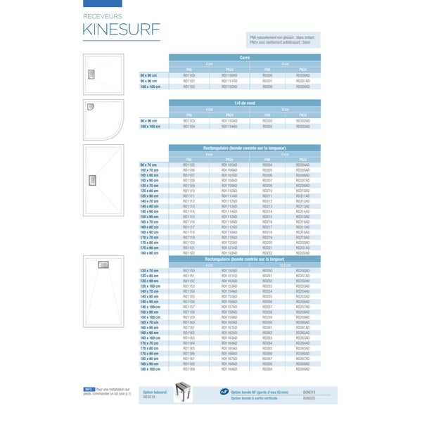 Receveur KINESURF - Bonde centrée sur la largeur - 150 x 90 cm - Bonde centré sur la largeur 3