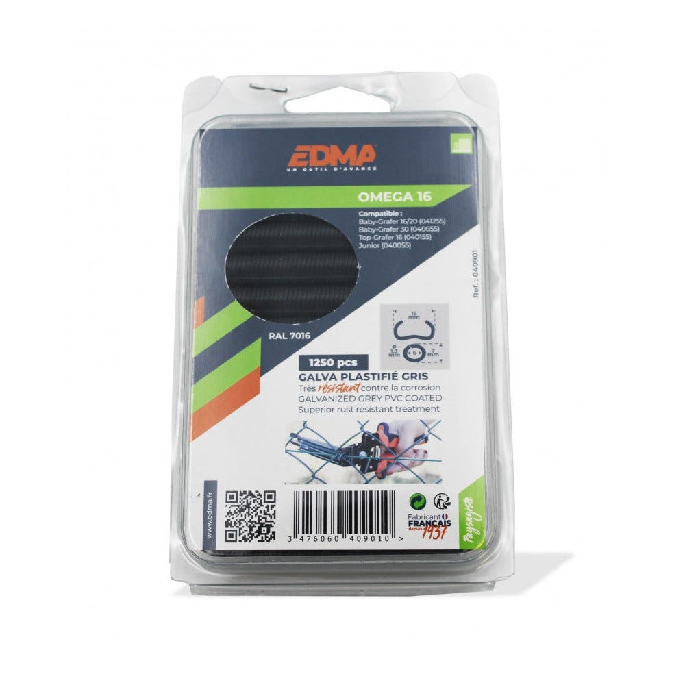 EDMA Outillage - 1250 Agrafes galva plastifié gris OMEGA 16 - 40901 Edma 0