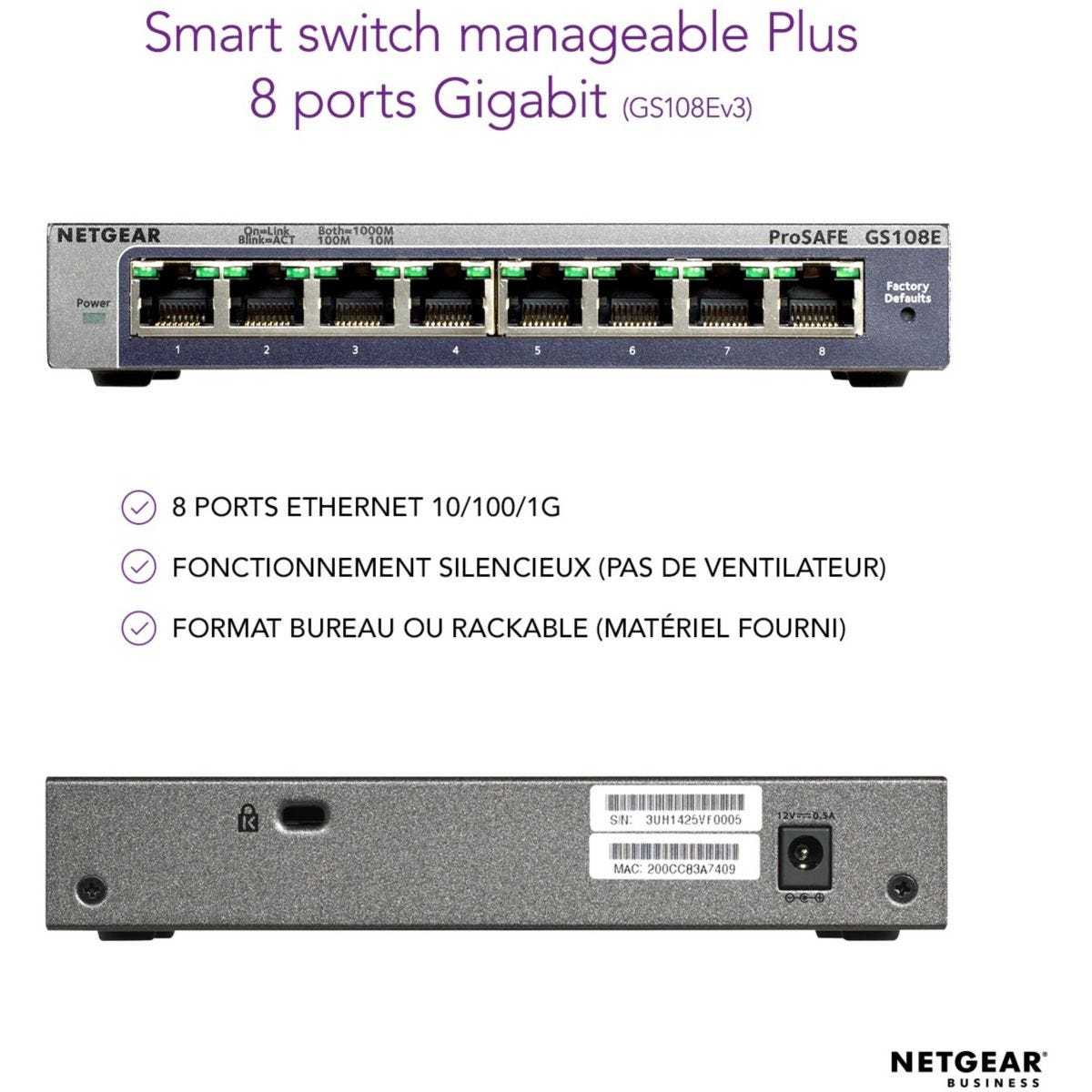 Switch ethernet NETGEAR GS108E Metal 8 Ports Gigabit 3
