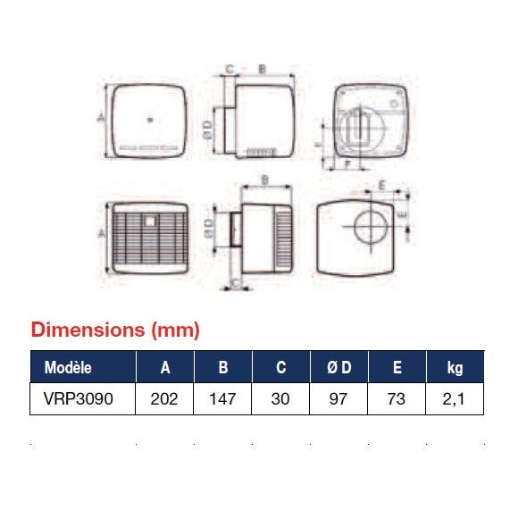 Ventilation Mécanique Répartie (VMR) PRESS sanitaire / cuisine 8 / 22 W 51 / 101 m3/h HABITAT Vortice 1