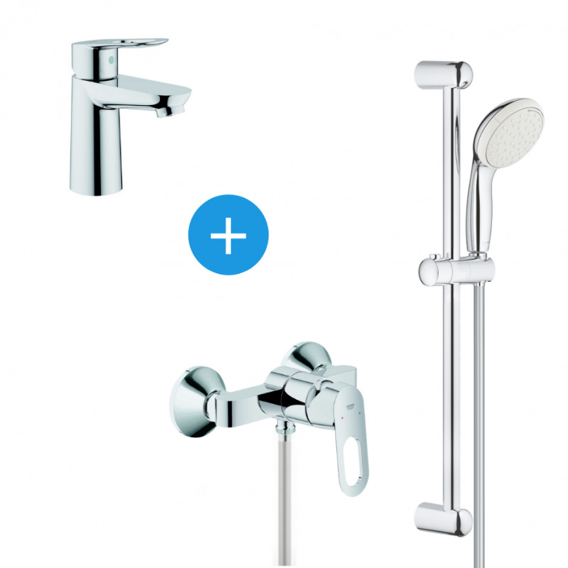 Grohe BauLoop Set mitigeur de douche + Barre de douche avec douchette 2 jets + Mitigeur lavabo, Chrome (23337000 & 23340000)