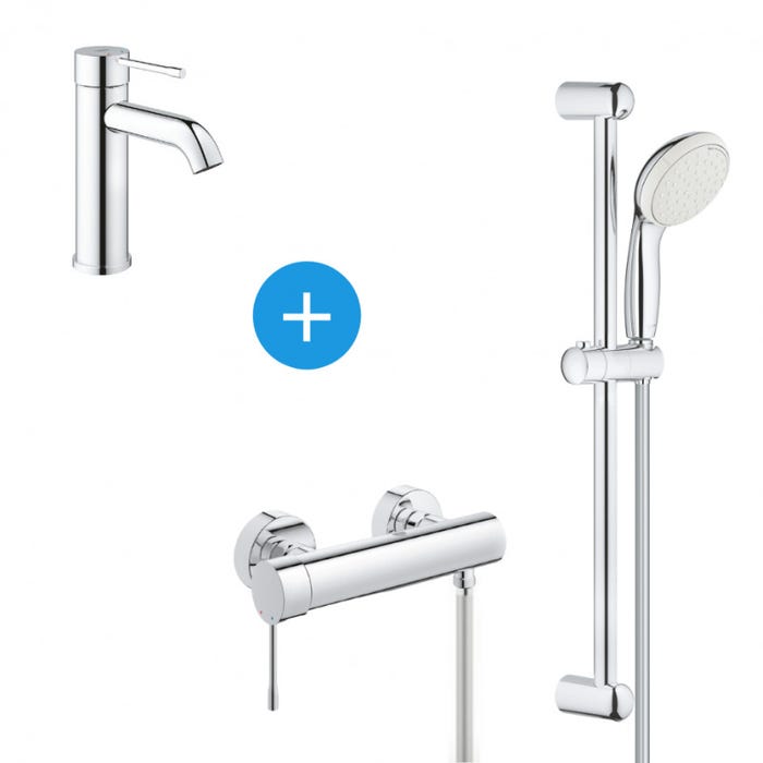 Grohe Essence Set mitigeur de douche + Barre de douche avec douchette 2 jets + Mitigeur lavabo, Chrome (23590001 & 33636001) 0
