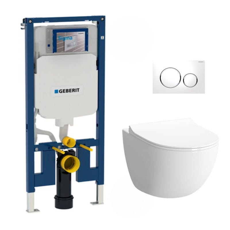 Pack WC Bati-support Geberit UP720 extra-plat + WC Vitra Sento sans bride + Abattant softclose + Plaque blanche 0
