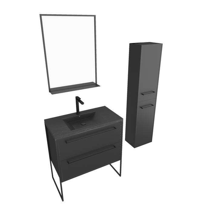 Pack meuble de salle de bain 80x50 cm Noir - 2 tiroirs - vasque noire - miroir - colonne suspendu 2