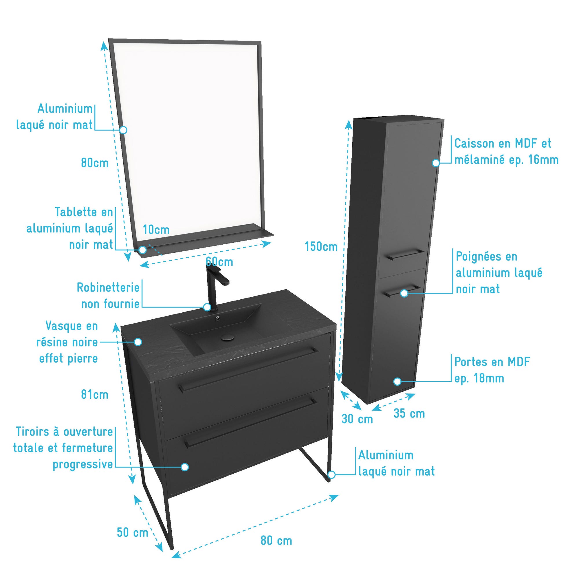 Pack meuble de salle de bain 80x50 cm Noir - 2 tiroirs - vasque noire - miroir - colonne suspendu 3