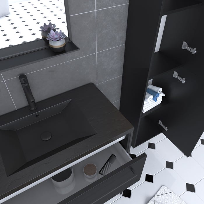 Pack meuble de salle de bain 80x50 cm Noir - 2 tiroirs - vasque noire - miroir - colonne suspendu 1