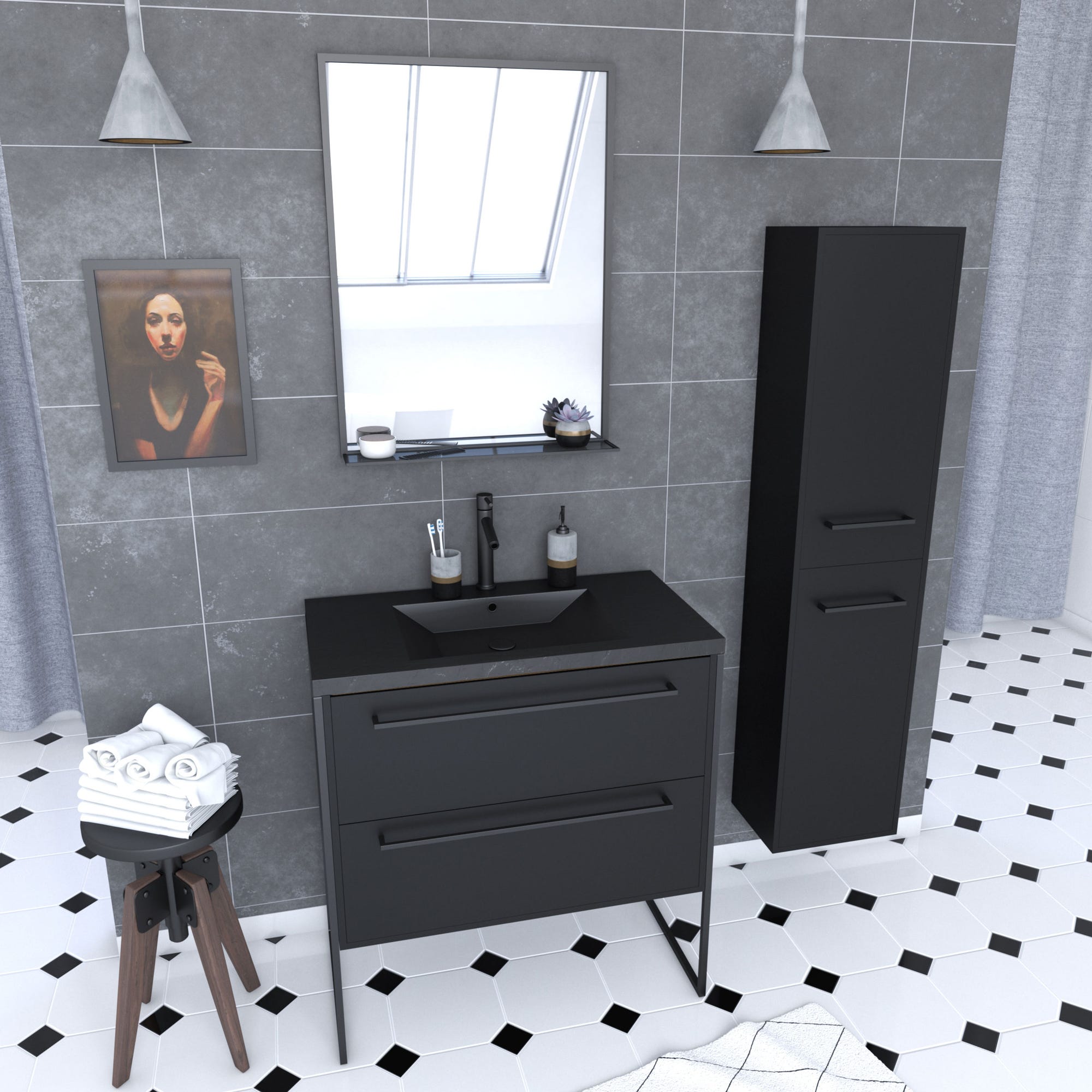 Pack meuble de salle de bain 80x50 cm Noir - 2 tiroirs - vasque noire - miroir - colonne suspendu 0