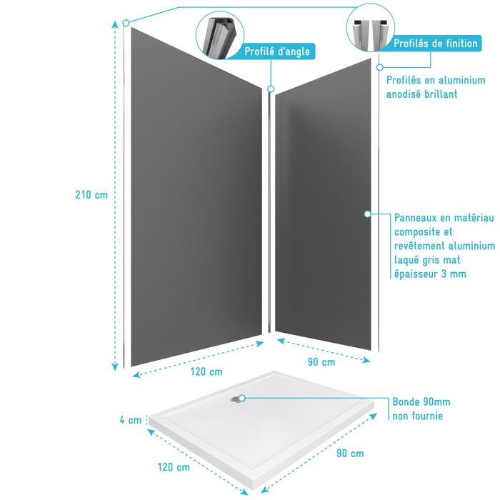 PACK PANNEAUX MURAUX GRIS en aluminium avec profile d'angle finition CHROME + receveur a poser 3
