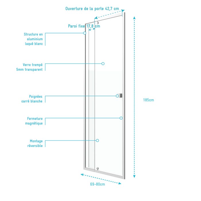 Porte de douche pivotante ajustable de 69 à 80cm en Alu. Blanc et verre transparent - WHITY PIVOT 3