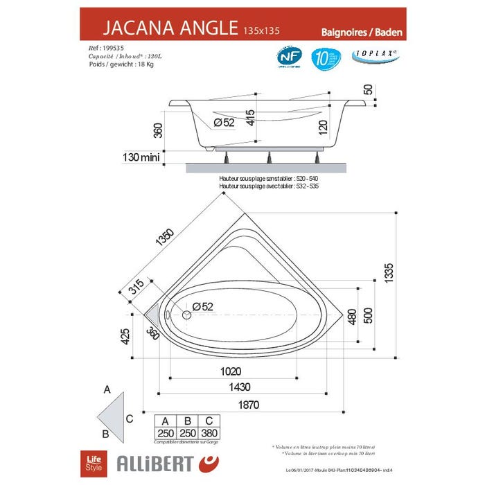 Baignoire d'angle JACANA ANGLE+ tablier acrylique inclus 135 x 135 cm 3