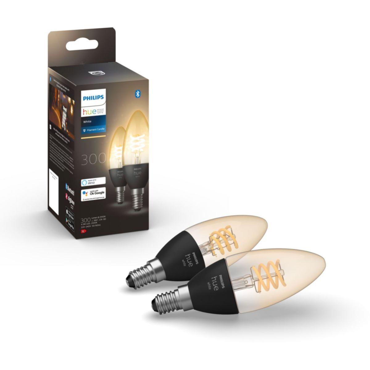 Ampoule connectée PHILIPS HUE White E14 4.5W Filament Flamme x2