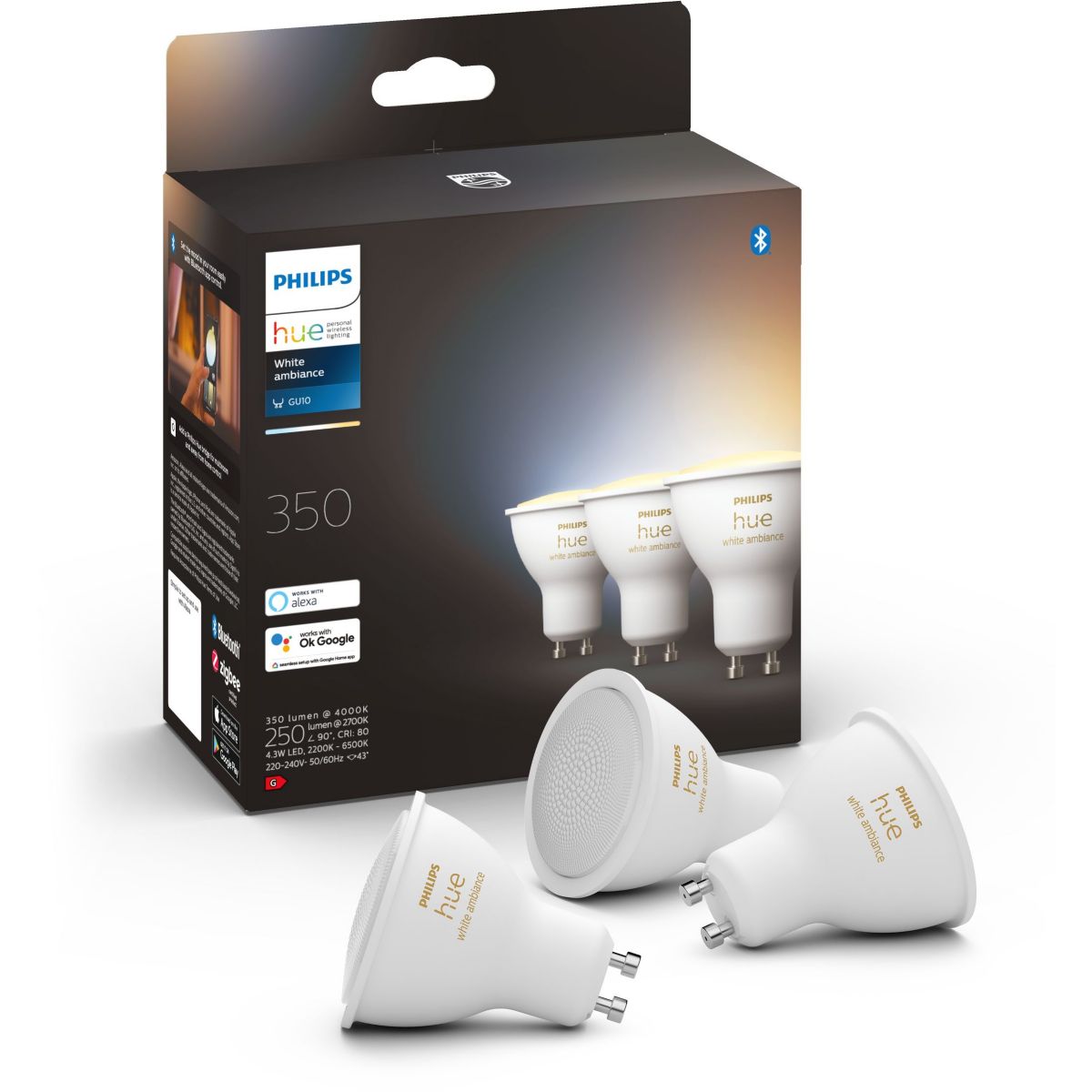 Ampoule connectée PHILIPS HUE White Ambiance GU10 x3