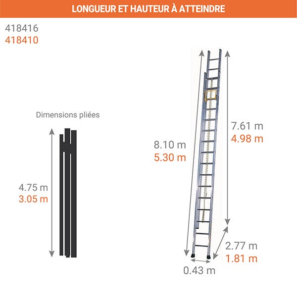 Echelle Pompier - Coulissante 2 plans - 8.10m dépliée / 4.75m pliée - 418416 1