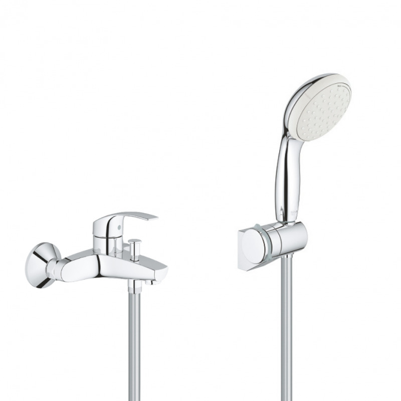 Grohe Set Mitigeur monocommande Bain/Douche + Douchette à main 2 jets Tempesta 100 avec support mural, Chrome (32158002-Tempesta3)