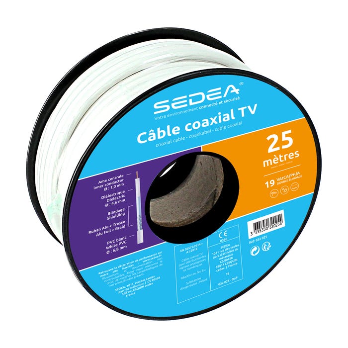 Câble Coaxial 19 Vatca/ph/a Double Blindage En Bobine De 25 Mètres - Blanc - Sedea - 032025 0