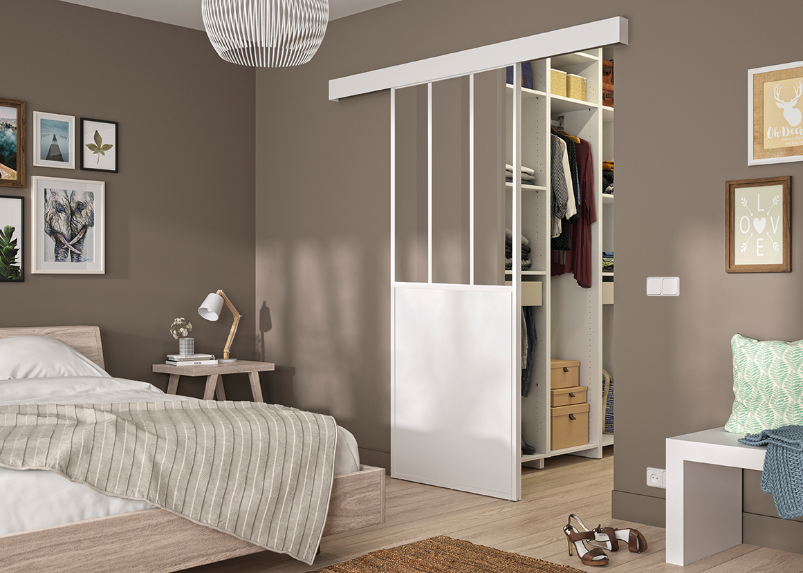 Kit porte coulissante ATELIER BLANC + rail 2 amortisseurs + cache rail décor assorti - verre transparent