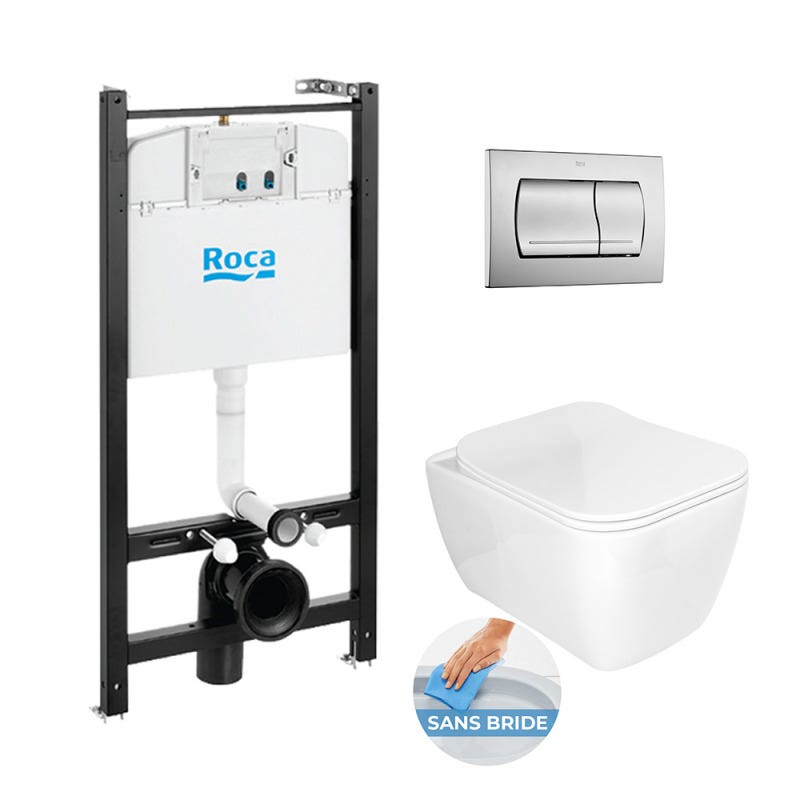 Roca Pack Bâti-support ROCA ACTIVE + WC sans bride Idevit Havana + abattant ultra fin + plaque chrome mat (RocaActiveHavana-2) 0