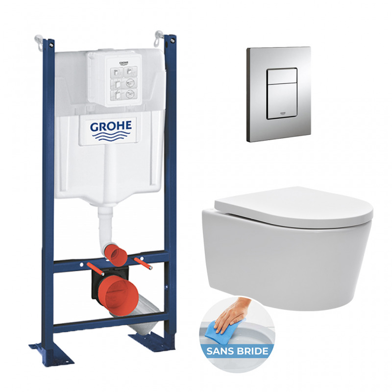 Grohe Pack WC autoportant avec cuvette Swiss Aqua Technologies sans bride + Plaque chrome (ProjectSATrimless-1)