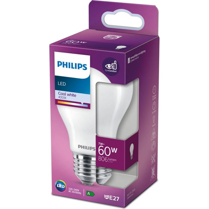 PHILIPS LED Classic 60W Standard E27 Blanc Froid Depolie Non Dimmable 1