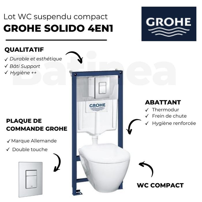 WC suspendu compact SEREL + bâti support GROHE + abattant + plaque + dérouleur 3