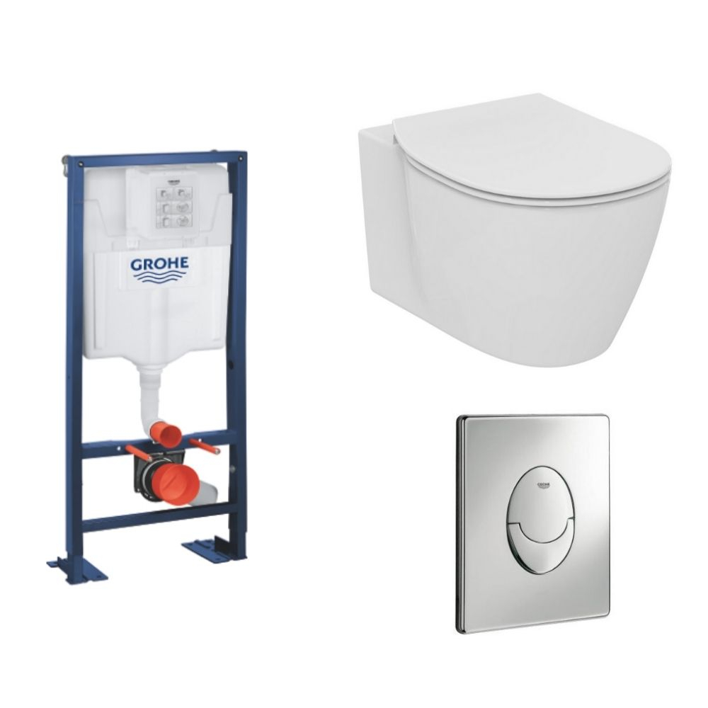 Ideal Standard Pack WC suspendu compact Connect space + abattant + plaque + bâti Grohe, chrome