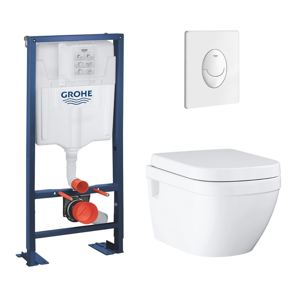 Grohe Pack WC suspendu sans bride Euro Ceramic + abattant + plaque + bâti Grohe, blanche