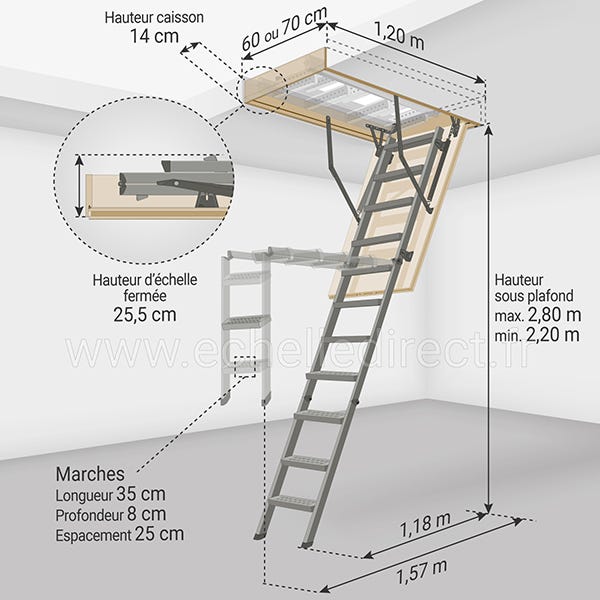 Echelle escamotable métallique - Hauteur maximale sous plafond 2.80m - Ouverture du plafond de 60 x 120cm - LMS60120-2 1