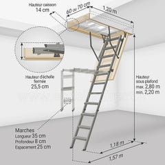 Echelle escamotable métallique - Hauteur maximale sous plafond 2.80m - Ouverture du plafond de 70 x 120cm - LMS70120-2 1