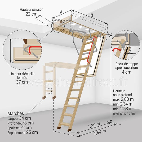 Escalier bois coupe feu 45min - 2.80m sous plafond - Trémie 70x140cm - LWF70140-280 1