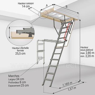 Escalier Escamotable métal - Hauteur sous plafond 2.80m - Trémie 70x130cm -  LMK70130-2 ❘ Bricoman