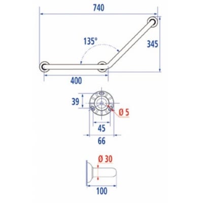 Barre d'appui coudée 135°, 400 x 400 mm, Aluminium Epoxy Blanc, 3 PF - Barre appui coudée 135°3PF Angle 135° symétrique,