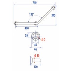 Barre d'appui coudée 135°, 400 x 400 mm, Aluminium Epoxy Blanc, 3 PF - Barre appui coudée 135°3PF Angle 135° symétrique, 1