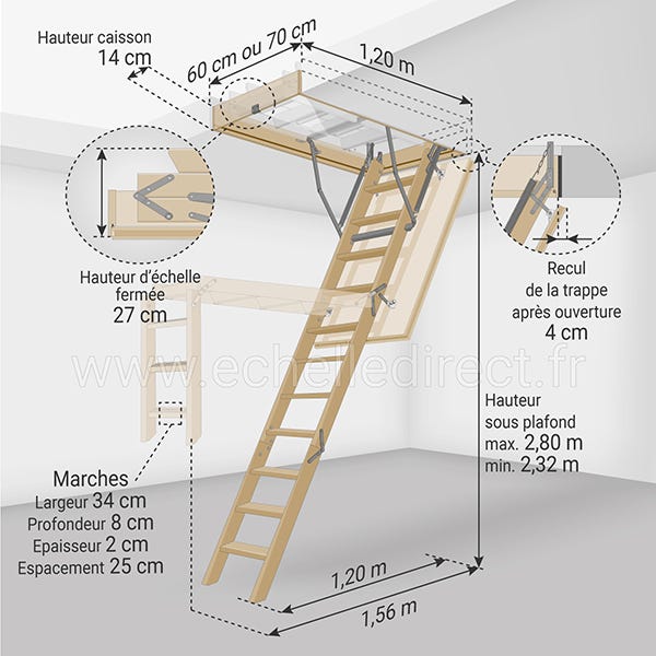 Echelle escamotable bois - Ouverture du plafond de 70 x 120cm - LWS70120-2 1