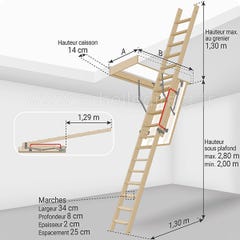 Escalier escamotable bois - Hauteur sous plafond 2.80m - Trémie 60x120cm - LDK60120/280 1