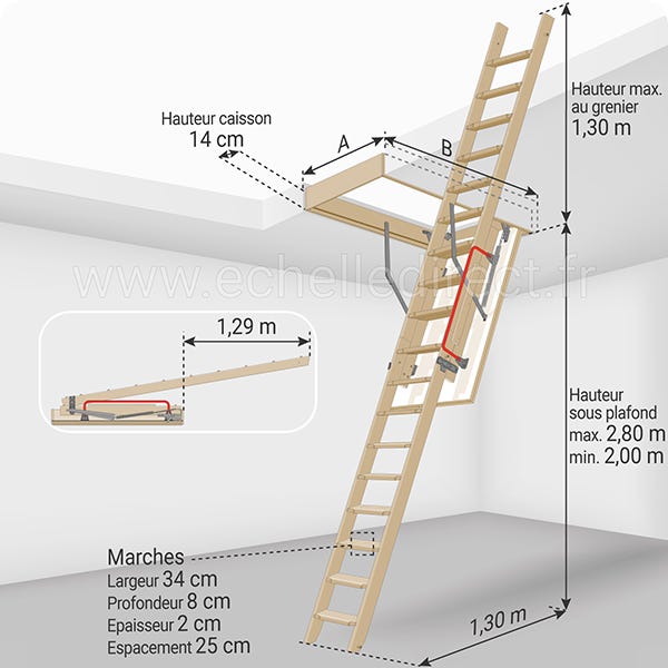 Escalier escamotable bois - Hauteur sous plafond 2.80m - Trémie 70x140cm - LDK70140/280 1