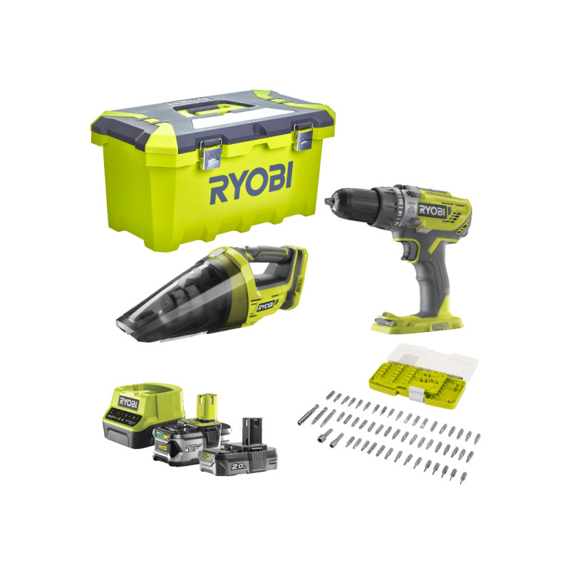 Perceuse-visseuse à percussion 18V OnePlus - Aspirateur à main - Batteries 2.0Ah et 4.0Ah - Chargeur - Accessoires - Boîte à outils - R18PD31-242VTA55