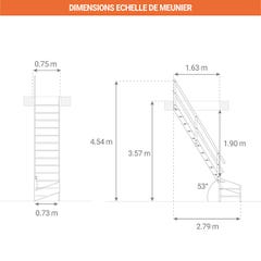 Escalier de meunier - Quart tournant à gauche sans main courante - Hauteur à franchir 3,57m max - MSS-MSW-L/S 1