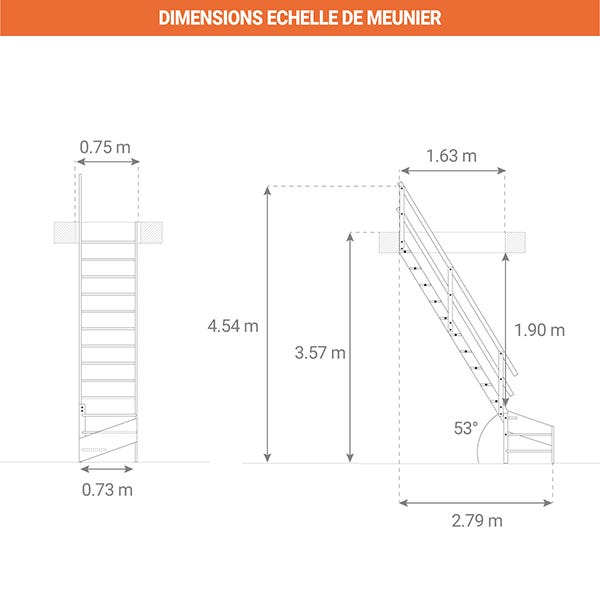 Escalier de meunier - Quart tournant à droite - sans main courante - Hauteur à franchir 3,57m max - MSS-MSW-R/S 1