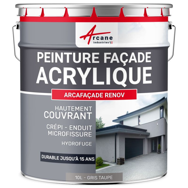 Peinture Façade - Peinture Hydrofuge Acrylique 14 Couleurs - Gris Taupe - Ral 7036 - 10l (+ Ou - 60m² En 1 Couche)