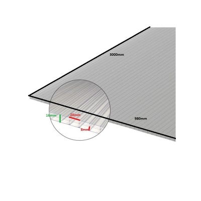 Plaque alvéolaire polycarbonate transparent 300 x 100 cm, ép. 16mm (vendue  à la plaque)